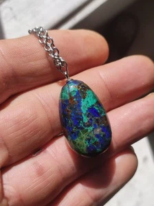 Azurite Malachite 925 Blue Green Natural Gemstone Pendant Necklace Jewelry RARE - Picture 1 of 3