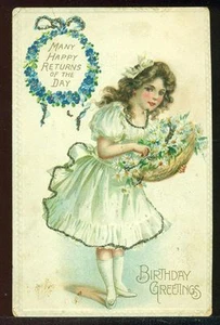 AUGURI DI COMPLEANNO Bellissima Giovane Signora Fiori BUONI RITORNI Cartolina d'epoca - Foto 1 di 1