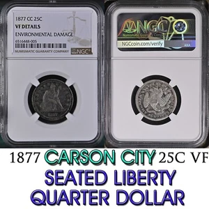 1877 CC  SEATED LIBERTY Silver QUARTER DOLLAR CARSON CITY 25C NGC VF - Picture 1 of 5