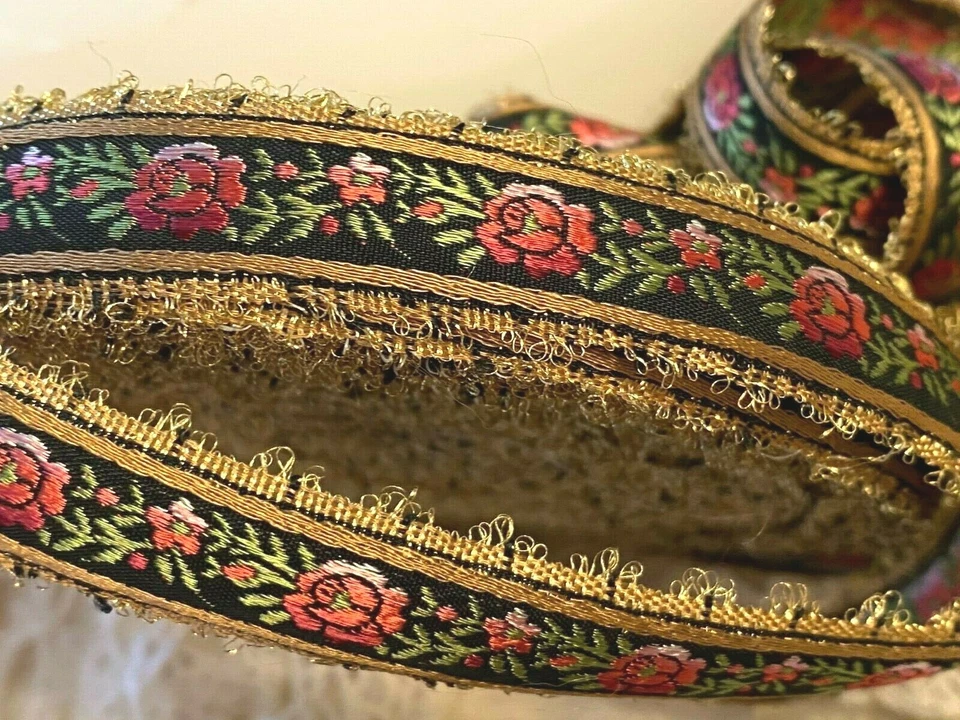 vintage embroidered jacquard trim flowers 3/4" ribbon silk metallic 1yd France - Image 1 of 1