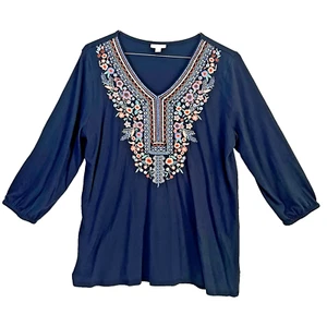 J Jill Desert Botanical Top Women's XL Blue Boho Peasant Embroidered RN97641 - Picture 1 of 4