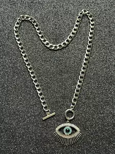PH101 SILVER TONE EVIL EYE BLUE CRYSTAL CHAIN NECKLACE - Picture 1 of 1