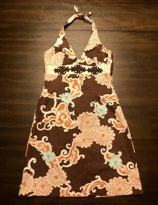 Vestido Trina Turk marrom/multi miçangas Y2K floral halter tamanho 6 gola redonda com zíper nas costas - Imagem 1 de 4