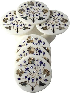 4" Luxury Marble Drink Coaster Set MOP Inlay Gemstone Floral Marquetry Art Decor - Picture 1 of 8