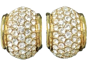Vintage Swarovski Crystal Pave Set Swan Logo Signed Clip On Earrings Half Hoop - Picture 1 of 7