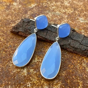 925 Sterling Silver Blue Gemstone Blue Chalcedony Faceted Bezel Dangle Earring - Picture 1 of 6