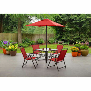 DINING SET PATIO OUTDOOR SET 6-Piece Umbrella 4 Chairs Table Red