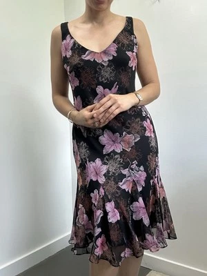 Vintage Y2k Purple & Black Floral Ruffle Hem Chiffon Sleeveless Dress Size M - Image 1 of 4