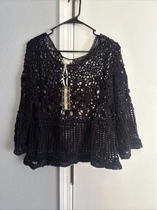 Ultra Pink NWT Women’s 100% Cotton Black Crochet Blouse Beach Cover Up Size XL - Picture 1 of 7