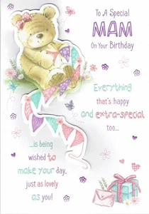 TARJETA DE CUMPLEAÑOS MAM GRANDE - MAM ESPECIAL - Diseño de oso y banderín - Imagen 1 de 3