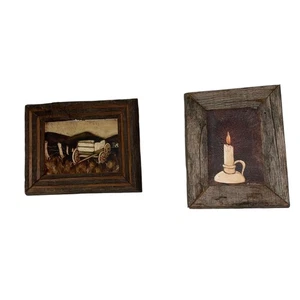 Set artistico vintage rustico con cornice in legno da fienile carro e candela decorazione primitiva 9,5x8" - Foto 1 di 6