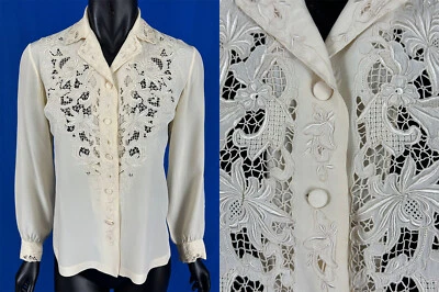 Vintage Peony Shanghai China Silk Hand Embroidered Drawn Thread Shirt Blouse Top - Image 1 of 3