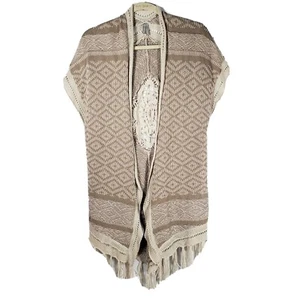 Vanity Crochet Fringe Cream Tan Kimono Boho Sweater Women's Size Medium  - Picture 1 of 13