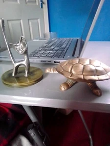 Vintage Brass Turtle Trinket Box And Cat Ring Holder - Picture 1 of 8