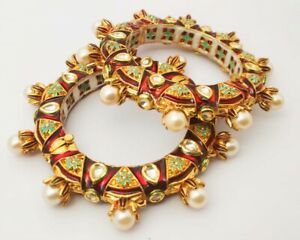 Pakistani Indian Bollywood Bangle Bracelet Pearl Set Pair Gold Plated Enameled