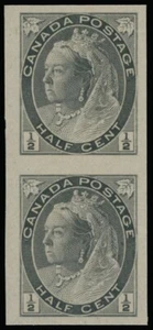 1898, CANADA, QUEEN VICTORIA, NUMERALS, VERT IMPERF PAIR OF 1/2C BLACK, UN.#74v - Picture 1 of 2