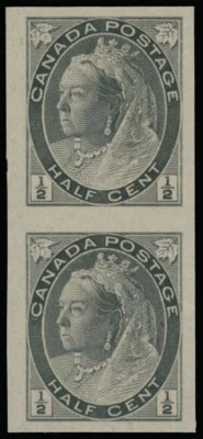 1898, CANADA, QUEEN VICTORIA, NUMERALS, VERT IMPERF PAIR OF 1/2C BLACK, UN.#74v - Image 1 of 2