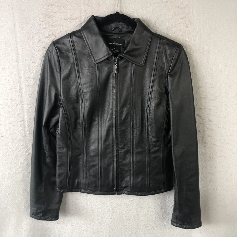 Chaqueta Moda International Mujer Pequeña Negra Cuero Genuino Cremallera Ajustada Moto Foto 1 de 4