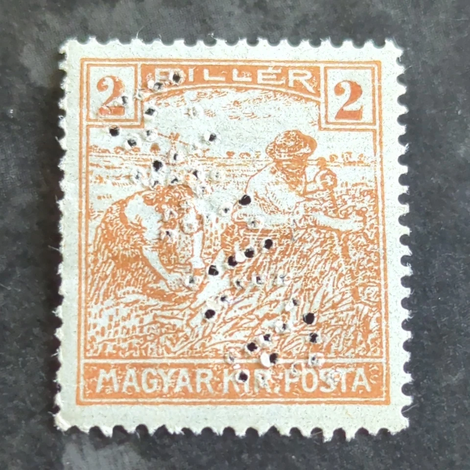 Hungary, Scott says not issued, Harvesting Wheat, 1919-1920, RARE PERFIN CANCEL  - Image 1 of 2