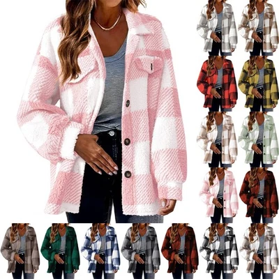 Womens Casual Shirt Top Ladies Check Fleece Jacket Oversized Shacket Coats 6-22 - Image 1 of 4
