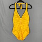 Kate Spade One Piece Swimsuit Womens XS Yellow Embroidered Halter Eyelet Plunge