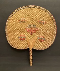 Vintage Handwoven Straw Handheld Fan Natural Palm Leaf Rattan Summer Textured - Picture 1 of 20