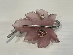 Vintage pink Leaf Pin Brooch Silver Tone Ladybug Rhinestone - Picture 1 of 5