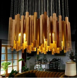 Wooden Lampshade LED Chandelier Ceiling Pendant Lamp Light Hanging Lamp Fixture - Picture 1 of 9