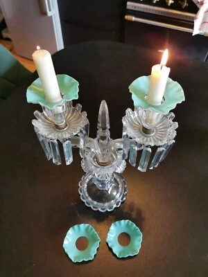 4 Coupelles Bobeche Opaline Vert 19  Eme XIX Eme Lustre Bougeoir Lampe Petrole - Photo 1/4