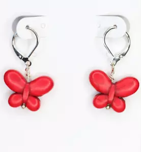 Red Butterfly Charm Earrings Silver Plated Brass Leverback Earrings 1.25" - Picture 1 of 2