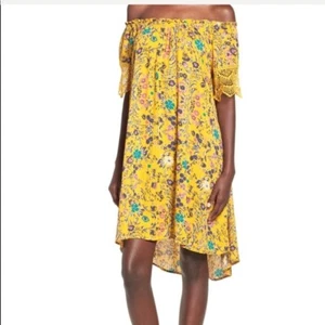 Love Fire NWT Off Shoulder Yellow Floral Dress XS Flirty High Low Hemline - Picture 1 of 5