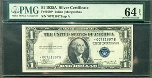 1935A $1 Silver Certificate [] STAR *-B []  Fr  1608*  []  PMG 64 EPQ ✔ - Picture 1 of 2
