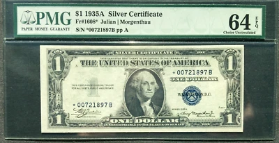 1935A $1 Silver Certificate [] STAR *-B []  Fr  1608*  []  PMG 64 EPQ ✔ - Image 1 of 2