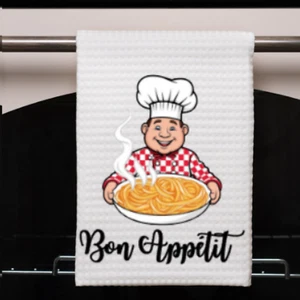 Bon Appetit Chef Spaghetti Waffle Weave Dish Towel 16x24 Kitchen Decor Gift - Picture 1 of 8