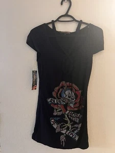 Ed Hardy By Christian Audigier Black Rhinestone Dress Y2k Skull Small - Picture 1 of 6