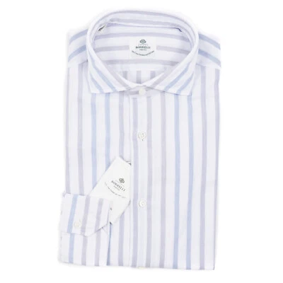 Luigi Borrelli White-Gray-Sky Blue Striped Cotton Shirt 15.75 (Eu 40) NWT - Image 1 of 4