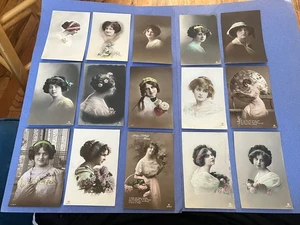 NICE LOT x18 WOMEN PHOTO RPPC 1910s HAND COLORED ! BRITISH BEAUTIES POSTCARDS !! - Picture 1 of 5