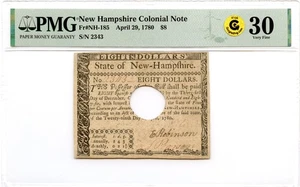 New Hampshire Colonial Note Fr#NH-185 4/29/1780 $8 PMG VF-30 GCC Gold *Stunning* - Picture 1 of 3