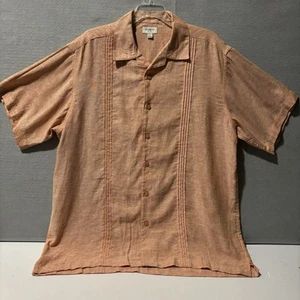 HAGGAR Shirt Men Sz L Orange Tropical Vacay Collared S/S Dad's Casual Button Up - Picture 1 of 11
