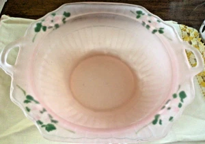 Vintage Depression Glass Pink Frosted Handled Bowl with  Hand Painted Flowers - Picture 1 of 11