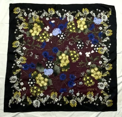 ERDEM M.I.意大利黑色花朵带标志印花丝绸女式围巾 31 英寸/31 英寸 E.C. — 第 1/4 张图片