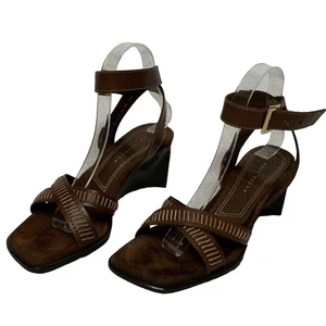 Sandalias de cuña Apostrophe vintage de cuero marrón con correa para el tobillo para mujer talla 7”  - Imagen 1 de 7