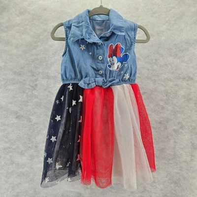 Vestido de tule jeans Disney Minnie Mouse estrelas patrióticas vermelho branco azul criança 12M - Imagem 1 de 4