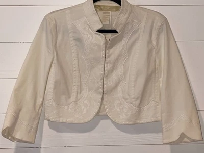 VOTRE NOM укороченный Bolero джинсовой ткани белый Jean куртка хлопок эластичной размер 8 вышивка Y2K - Изображение 1 из 4