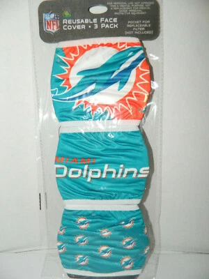 Miami Dolphins FACE MASK 3 pack NFL official Cover filter pocket reusable  - Image 1 of 3