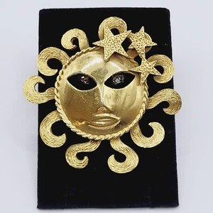 Sonne Sterne Himmlischer Gott Gesicht mit Strass baumelnde Augen goldfarben Vintage Brosche Anstecknadel - Bild 1 von 24