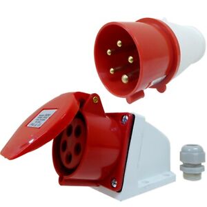 16 Amp 5 Pin Plug and Socket 3 Phase 400V Weatherproof IP44 Red 16A Industrial