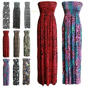 NEW WOMEN'S PRINTED STRAPLESS SHIRRED BANDEAU SHEARING BOOB TUBE LONG MAXI DRESS - Picture 1 of 6