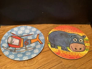 Emily Green Brand of Imagination Plate Colorful Hippo Helicopter Lot of 2 Plates - Picture 1 of 4
