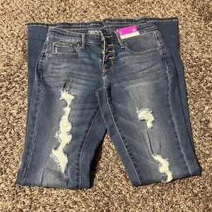 Womens Sz 2 Mossimo Mid Rise Flip Flop Flare Denim Blue Jeans NWT Distressed - Picture 1 of 13